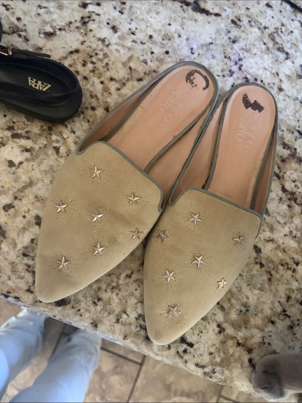 Franco Sarto Beige Star-Embellished Suede Mules
